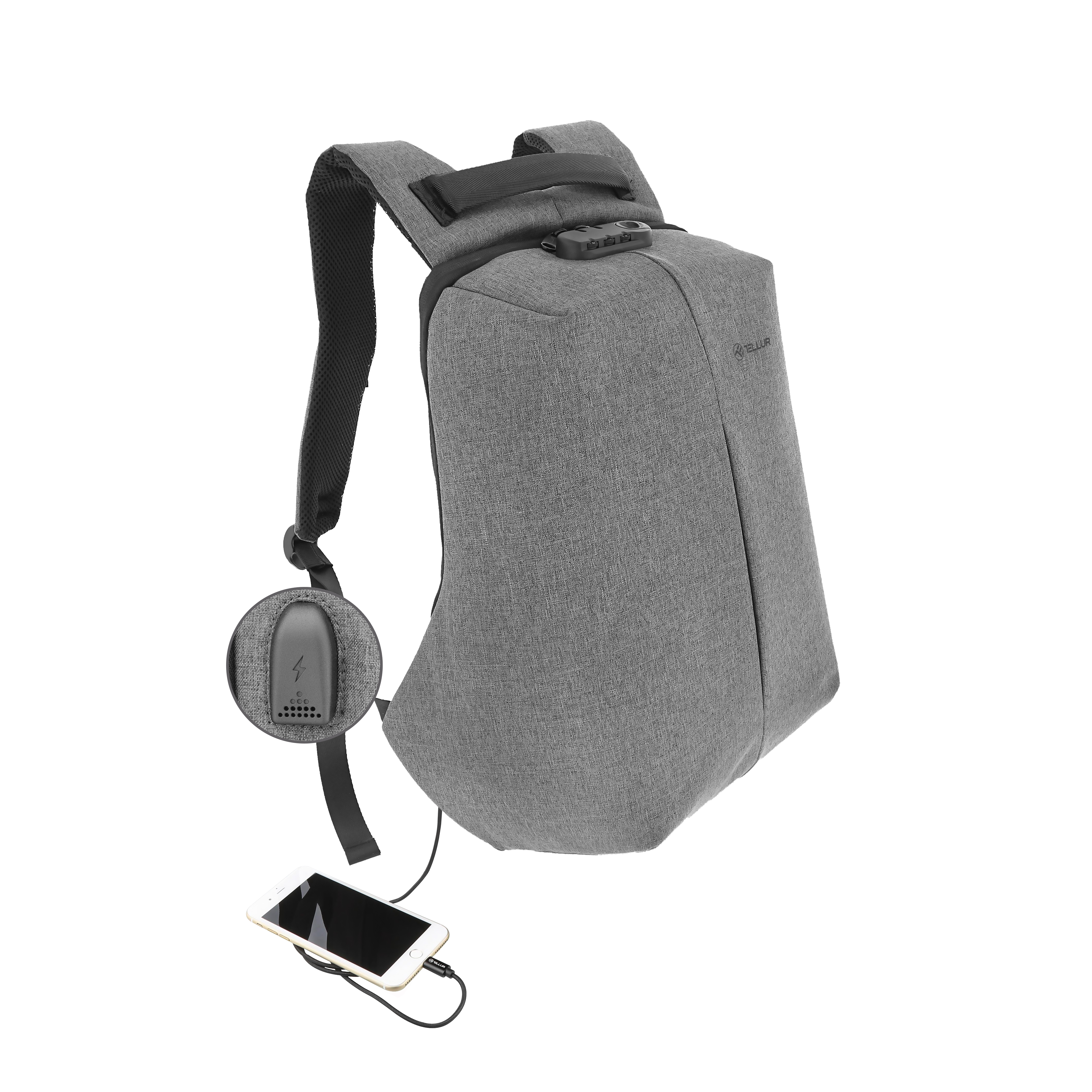 Rucsac Laptop Tellur Antifurt V2, Port USB, 15.6″, Blocare de Securitate, Rezistent la apa, Gri 15.6'' imagine noua tecomm.ro