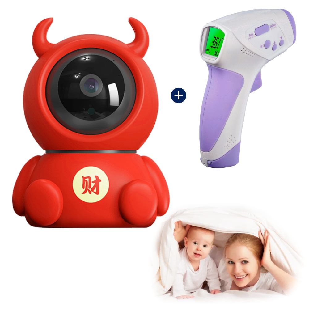 Pachet Promotional Video Baby Monitor Little Devil A199 + Termometru Digital HT-668, Stocare pe Cloud, Rotire 360°, Vedere nocturna, Slot microSD