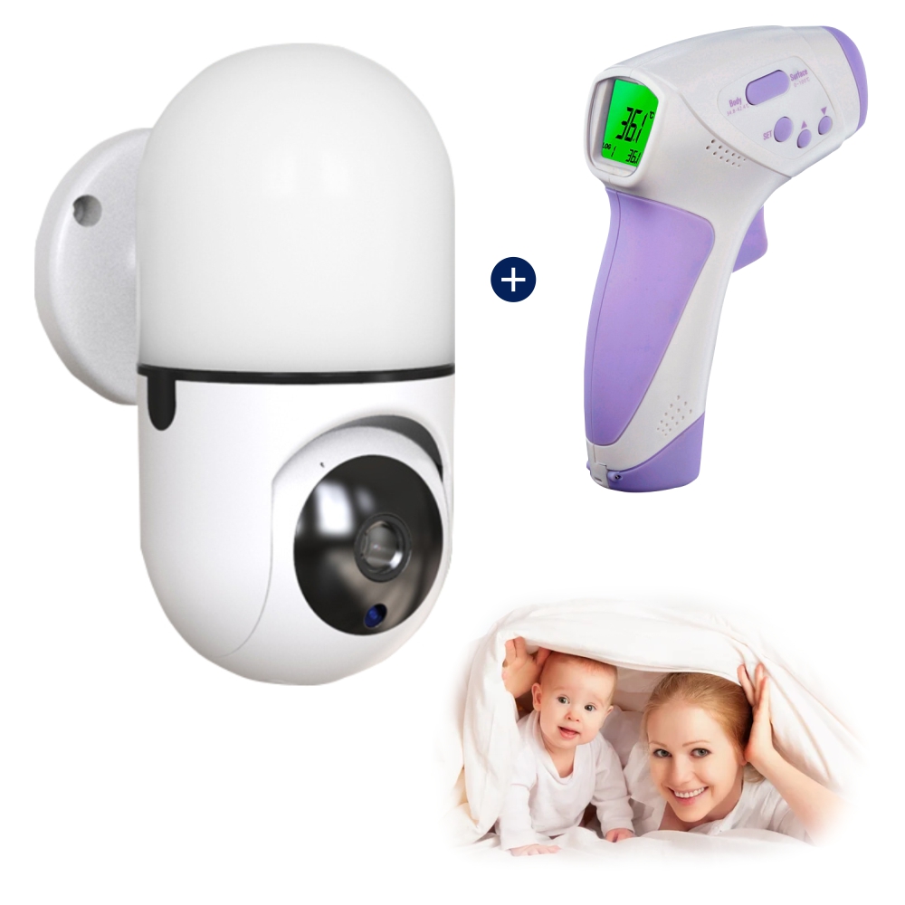 Pachet promotional video baby monitor little wall light q100 + termometru digital ht-668, rotire 360°, aplicatie, lampa de veghe, vedere nocturna, alb