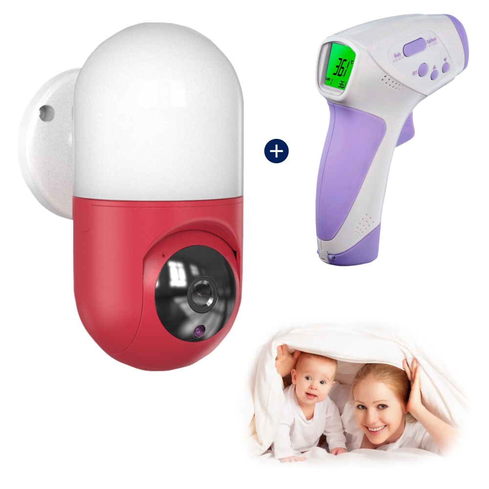 Pachet Promotional Video Baby Monitor Little Wall Light Q100 + Termometru Digital HT-668, Rotire 360°, Aplicatie, Lampa de veghe, Vedere nocturna, Rosu