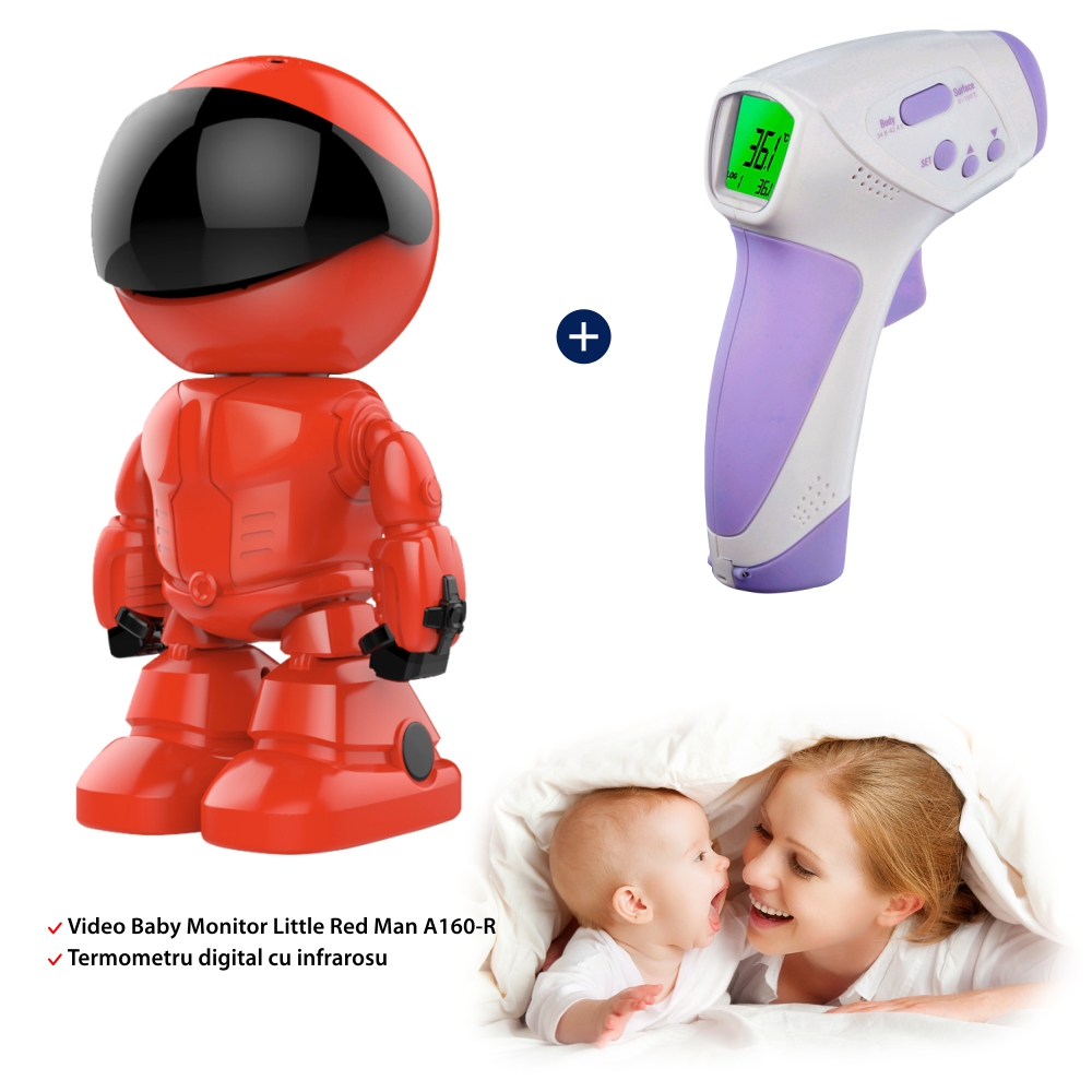 Pachet Promotional Video Baby Monitor Little Red Man A160-R + Termometru Digital HT-668, Vedere nocturna, Conexiune Wi-Fi, Slot MicroSD image1