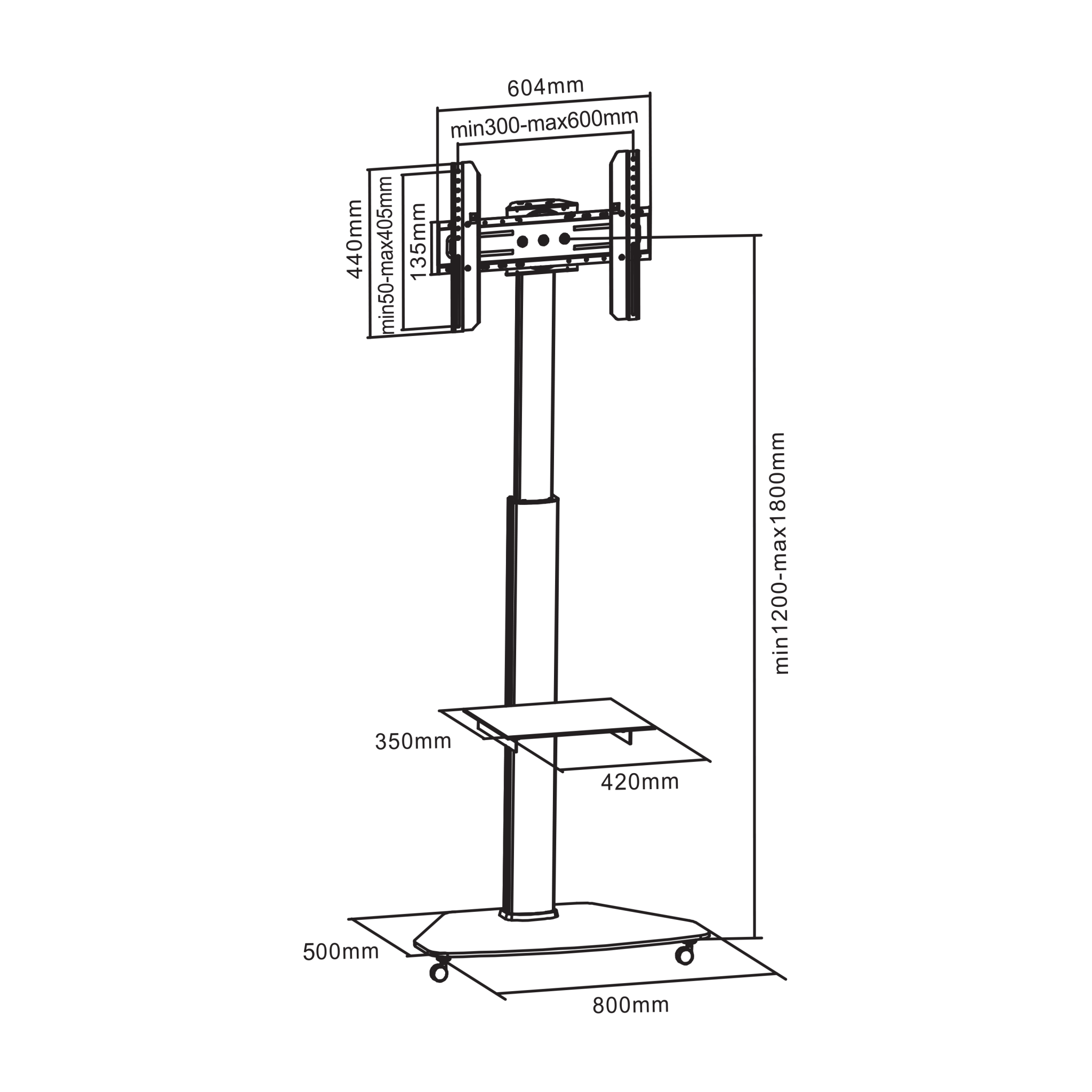 Stand TV de Podea cu Roti SBOX FS-500, 37“-70“, Greutate Suportata 40kg, Ajustare Inaltime, Rotatie, Negru