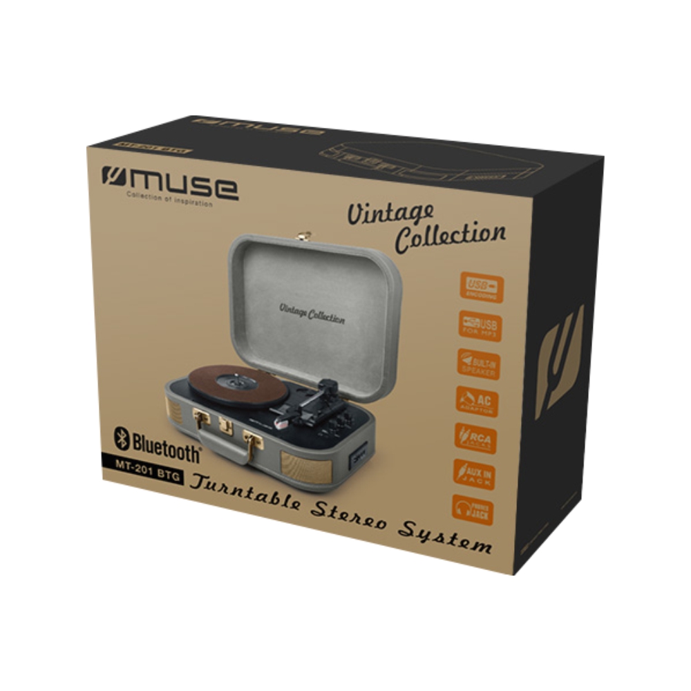 Pick-up MUSE MT-201 BTG Bluetooth, 2 x 5W, Comutator automat, 45 rpm, USB, Conexiuni multiple, Maro