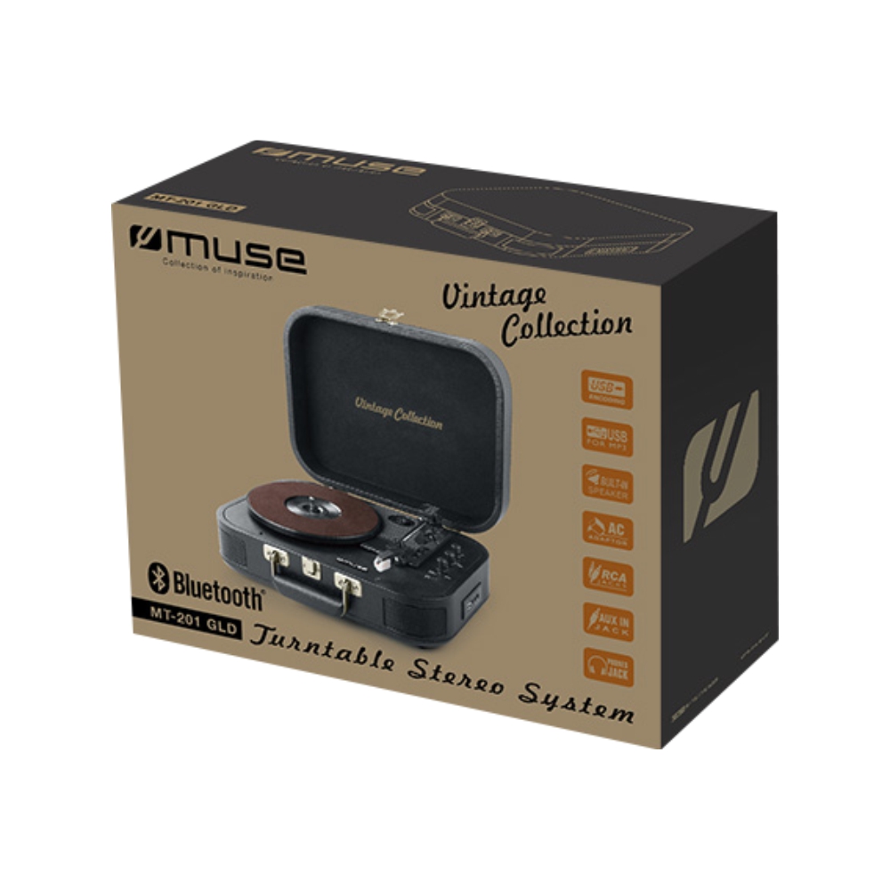Pick-up MUSE MT-201 GLD Bluetooth, 2 x 5W, Comutator automat, 45 rpm, USB, Conexiuni multiple, Gri 5W imagine noua idaho.ro