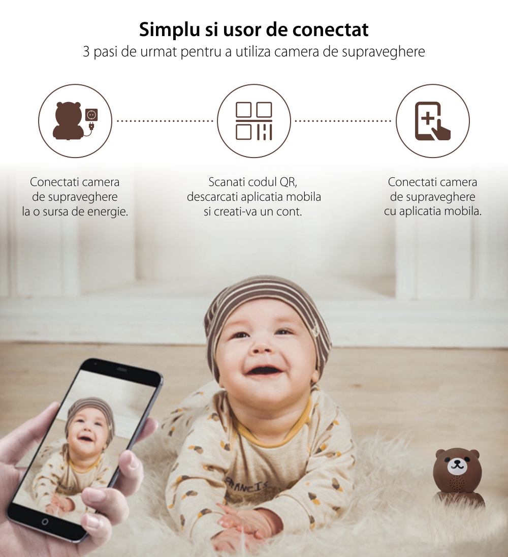 Video Baby Monitor AB80 cu Wi-Fi Detectare miscare, Vedere nocturna, Monitorizare 360, Slot microSD, Roz