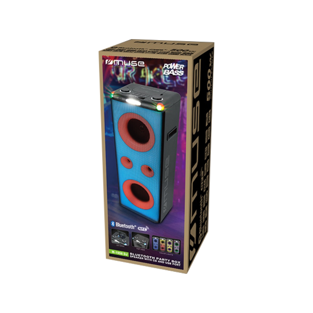 Boxa Bluetooth MUSE M-1958 Dj Party Box cu Cd si Port Usb, 500W, 2 x MIC/Guitar jacks, Lumini Disco, Negru