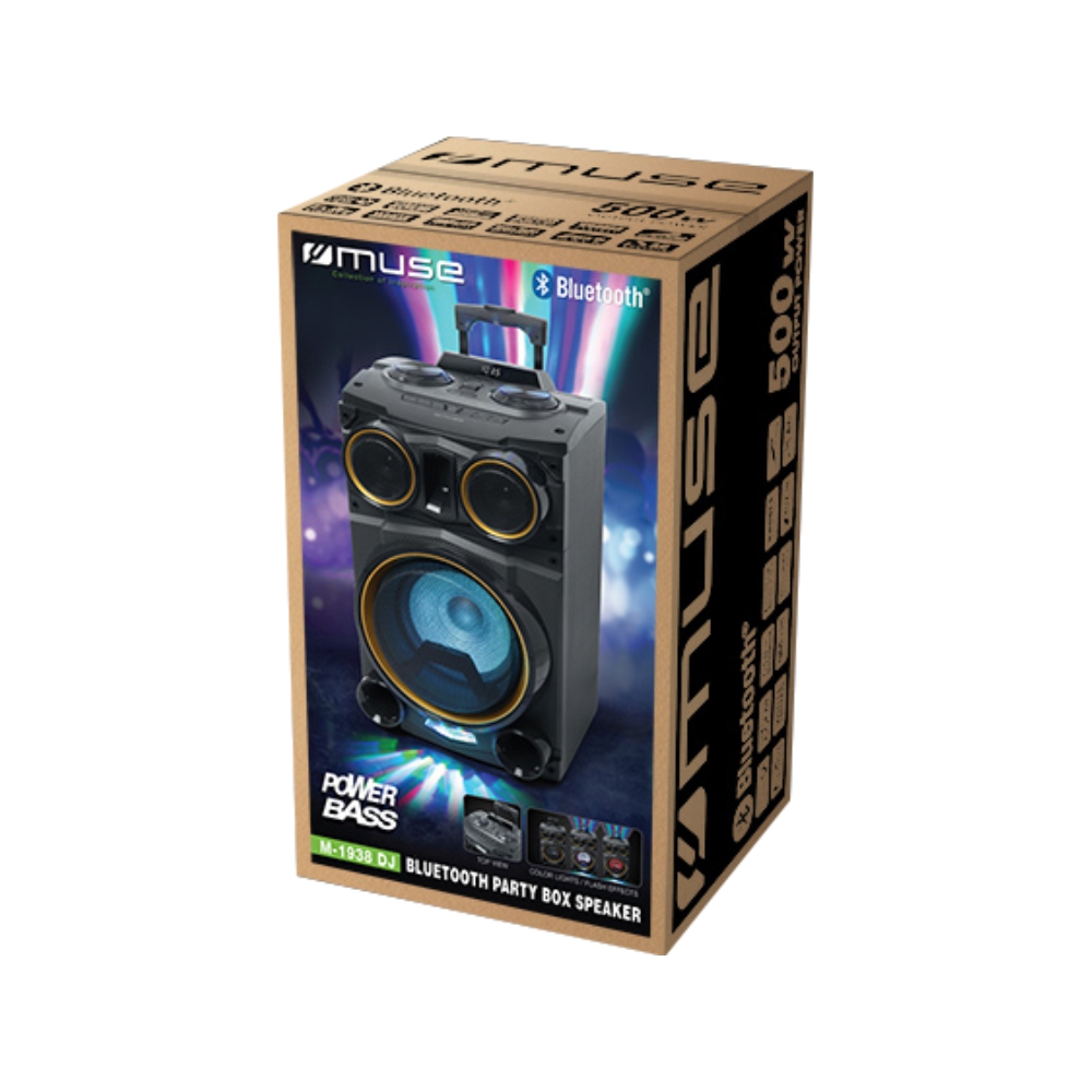 Boxa Bluetooth MUSE Party M-1938 DJ, 500W, Portabil, Baterie reincarcabila, Microfon inclus, Lumini colorate, Negru