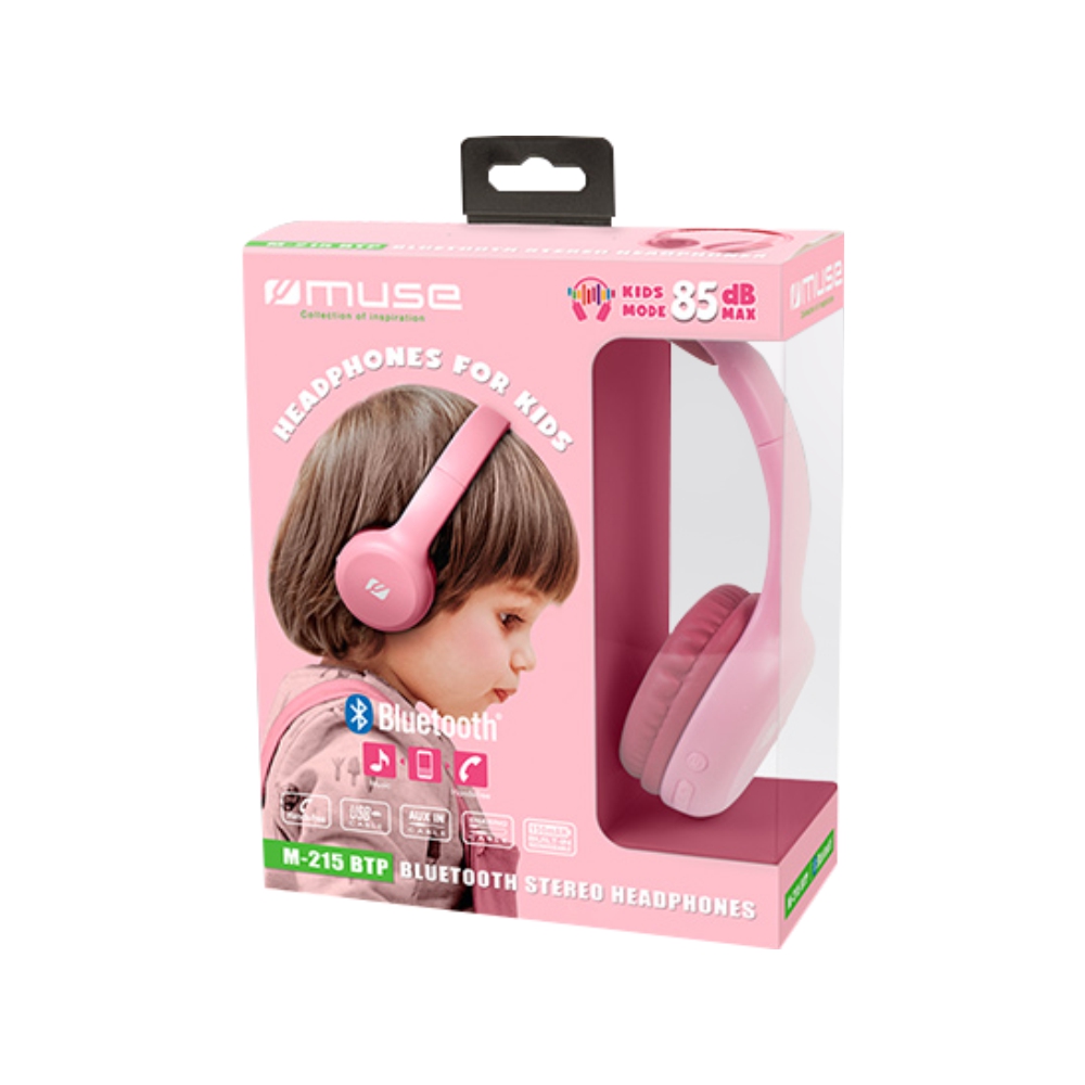 Casti Stereo Bluetooth Muse M-215 BTP pentru Copii, Port de incarcare USB, Baterie 150mAh, Hands-Free, Roz