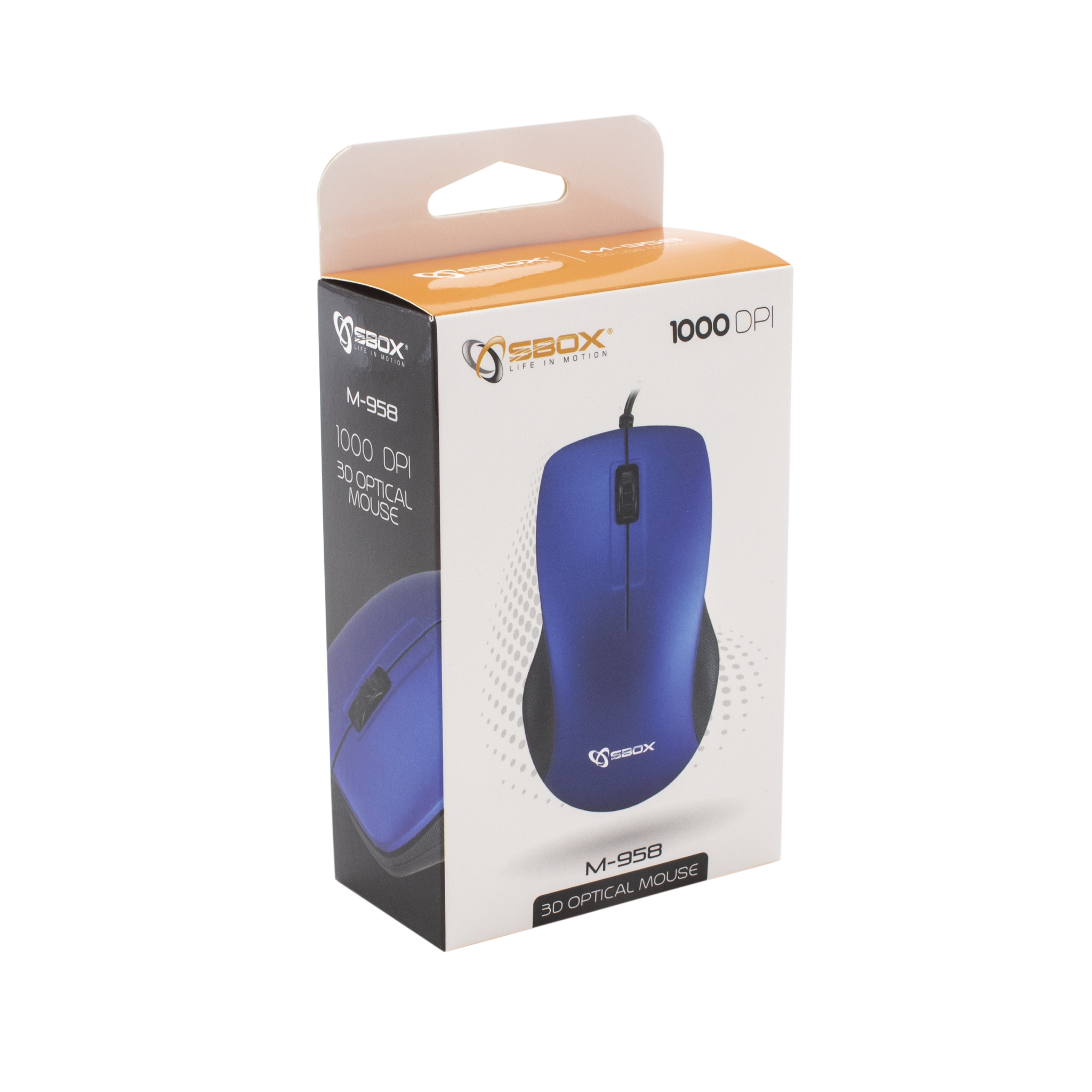 Mouse cu fir SBOX M-958, Rezolutie 1000 DPI, 3 Butoane, Albastru