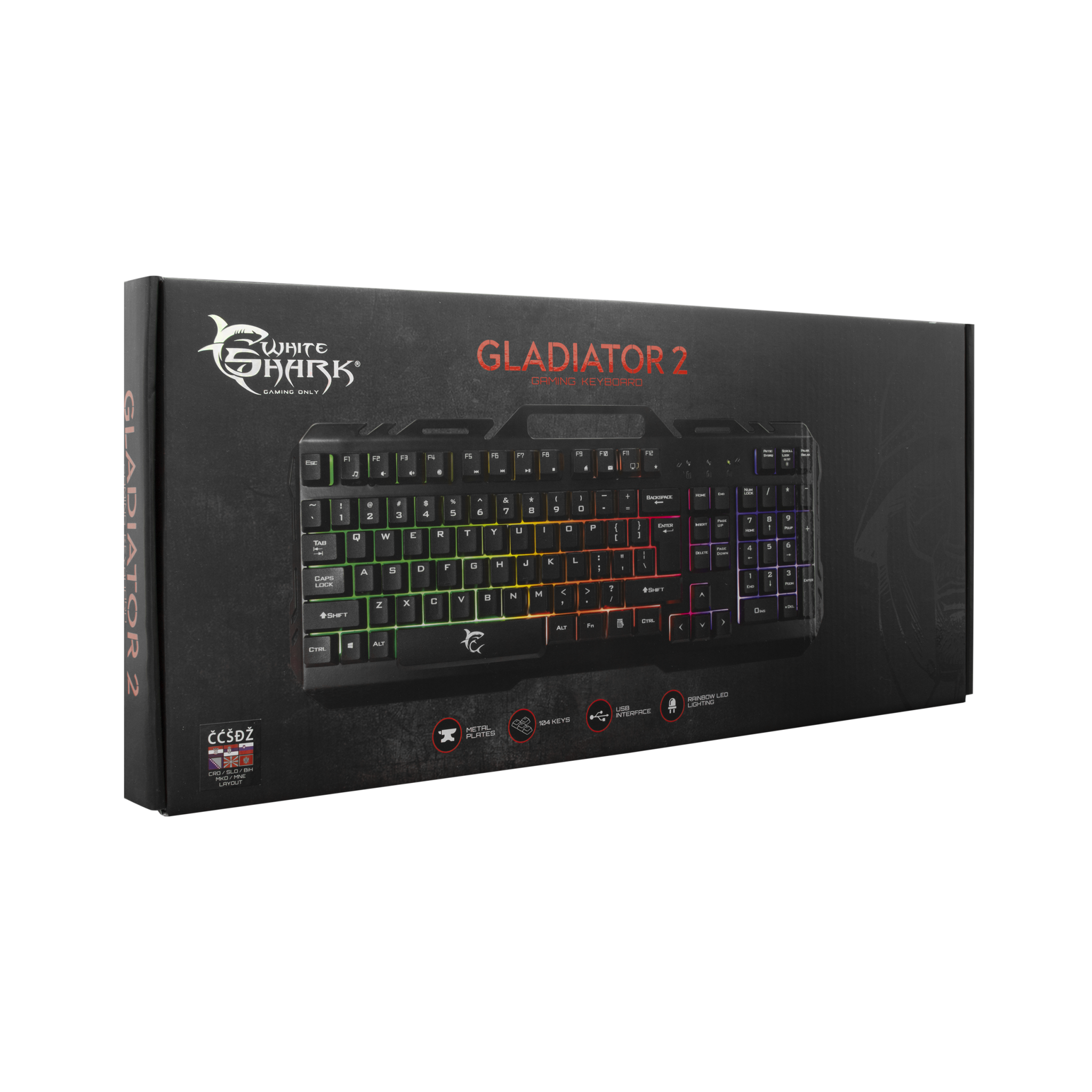 Tastatura Gaming WHITE SHARK Gladiator 2 GK-1923, USB, Iluminare: LED Efect Rainbow, Layout US, Negru