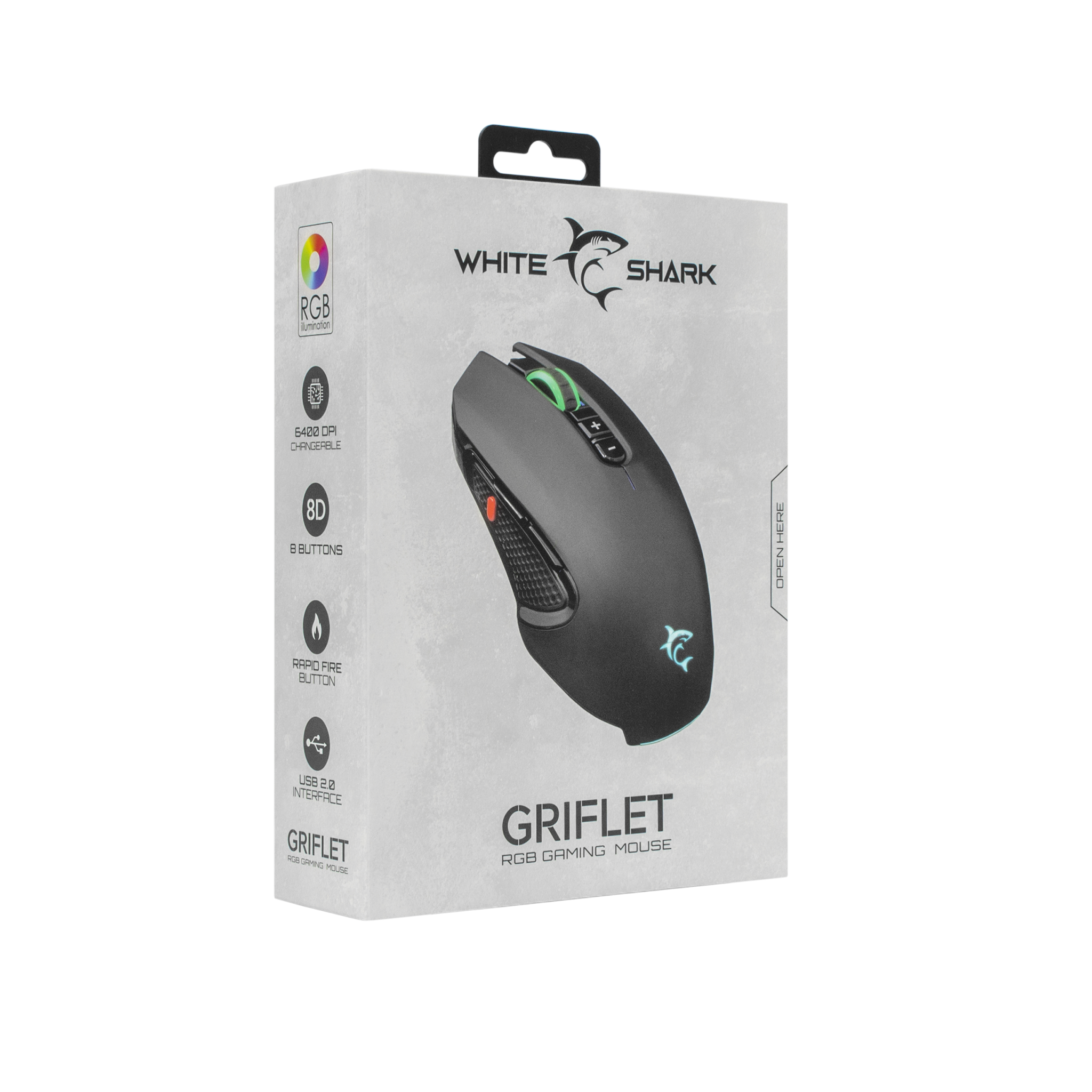 Mouse gaming White Shark GM-5011 GRIFLET, Rezolutie 6400 DPI, Iluminare RGB, Negru