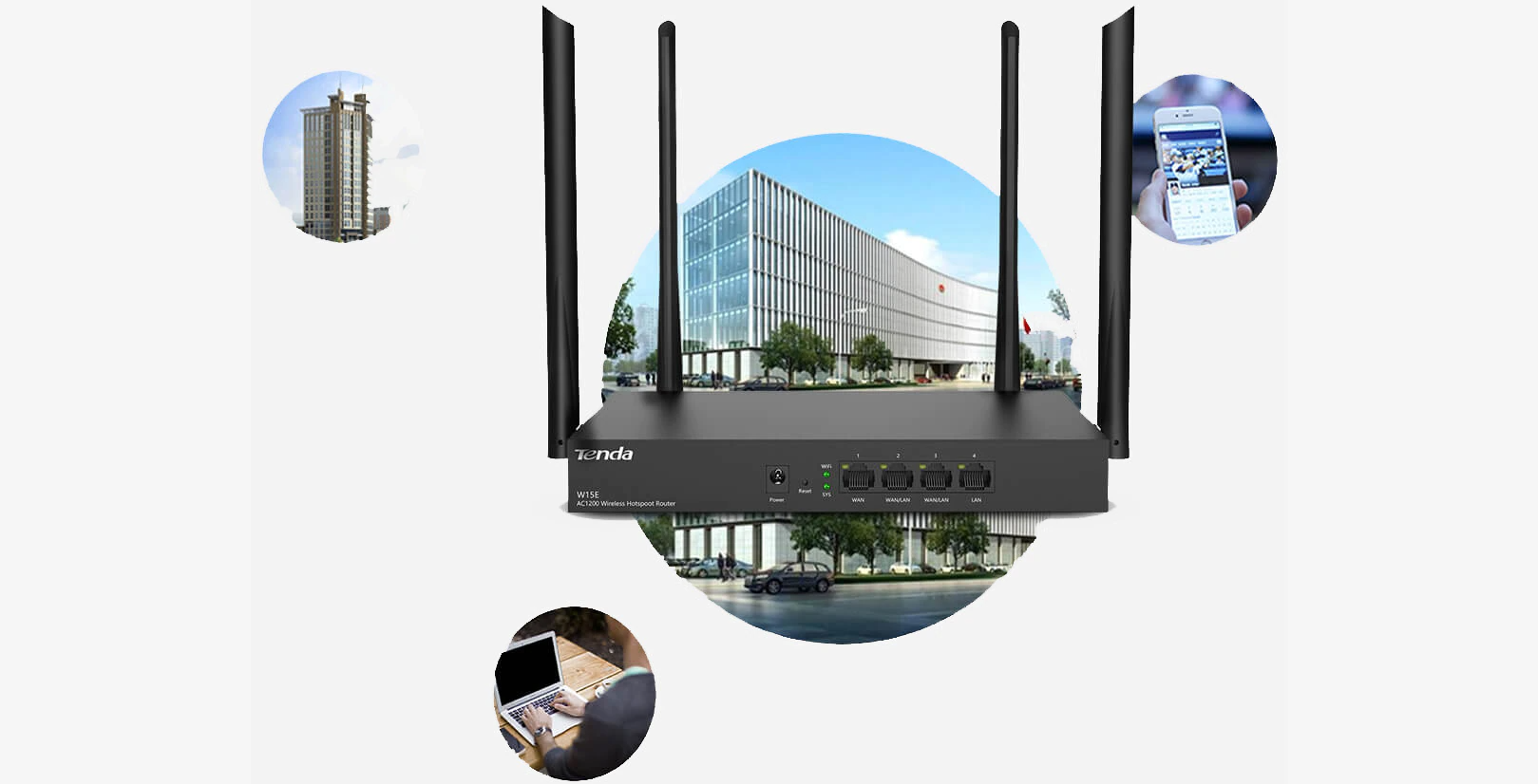 Router Wireless Hotspot Tenda W15E, AC1200, Dual-Band, 50 de utilizatori, Frecventa 2.4 – 5 GHz, Negru