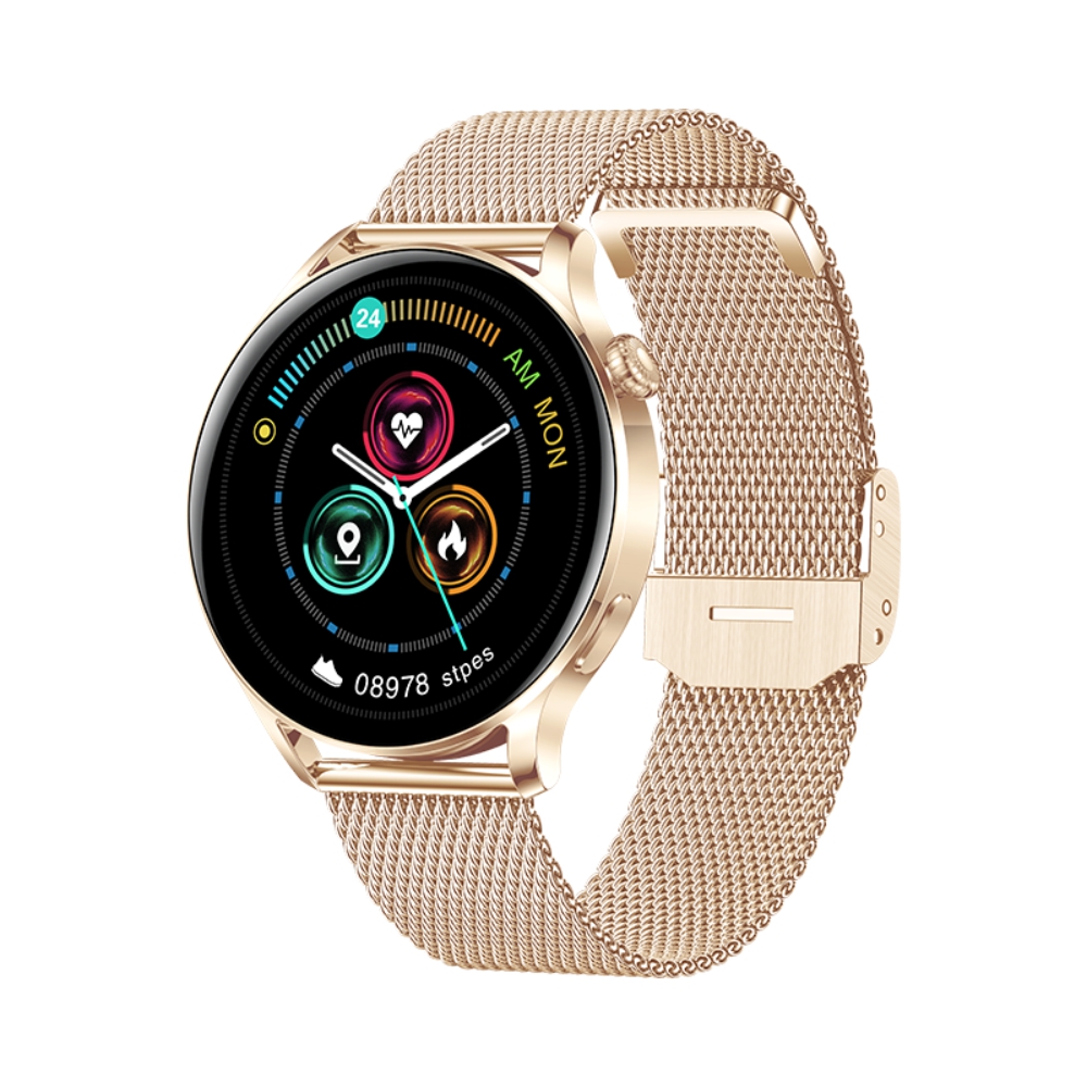 Ceas smartwatch xk fitness ak37 cu functii monitorizare sanatate, notificari, bluetooth, cronometru, bratara metalica, auriu