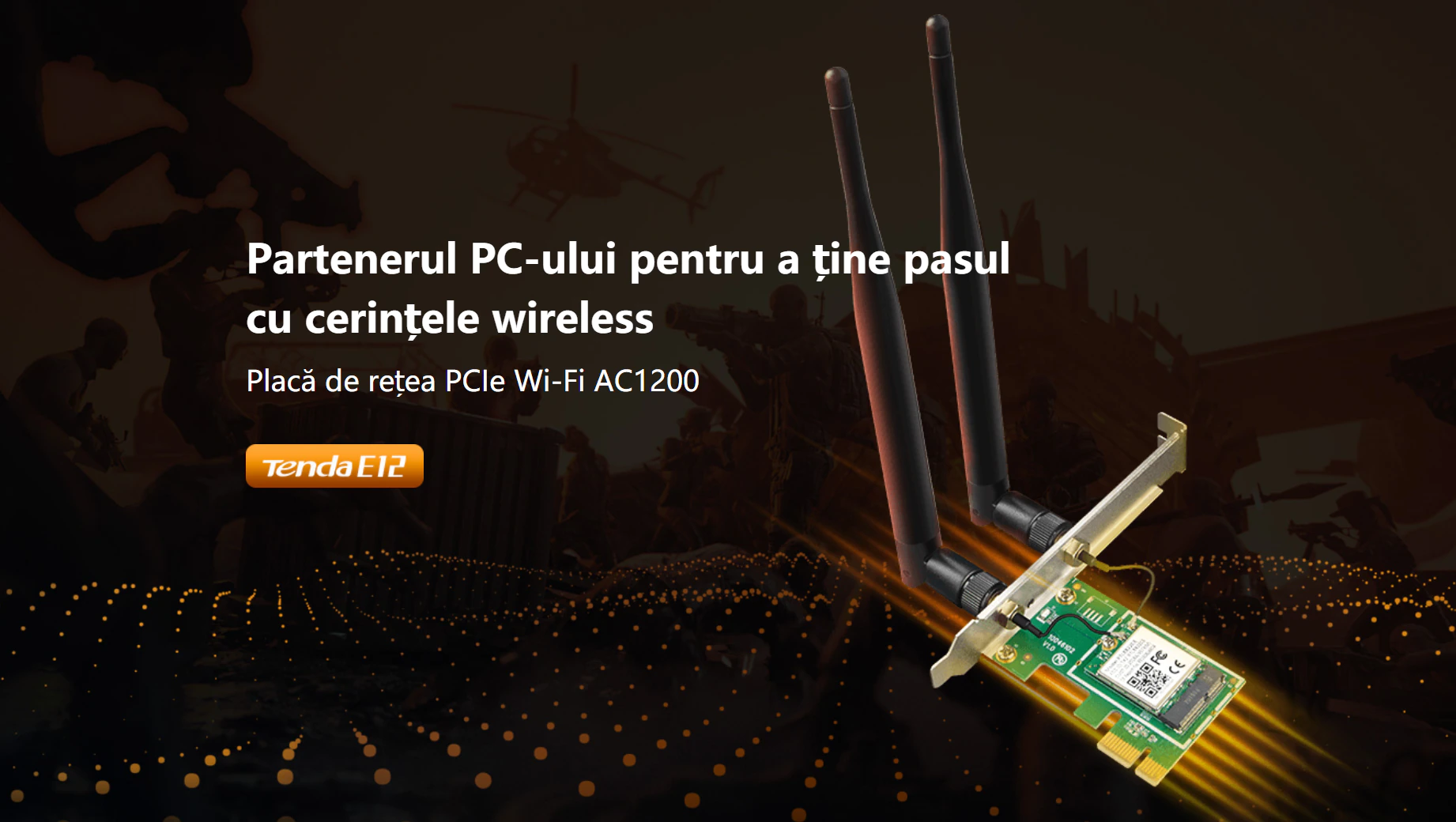 Placa de retea Wireless Tenda E12 PCI-Express AC1200, Frecventa 5GHz, Antena: 2 x 2.5dBi, Negru