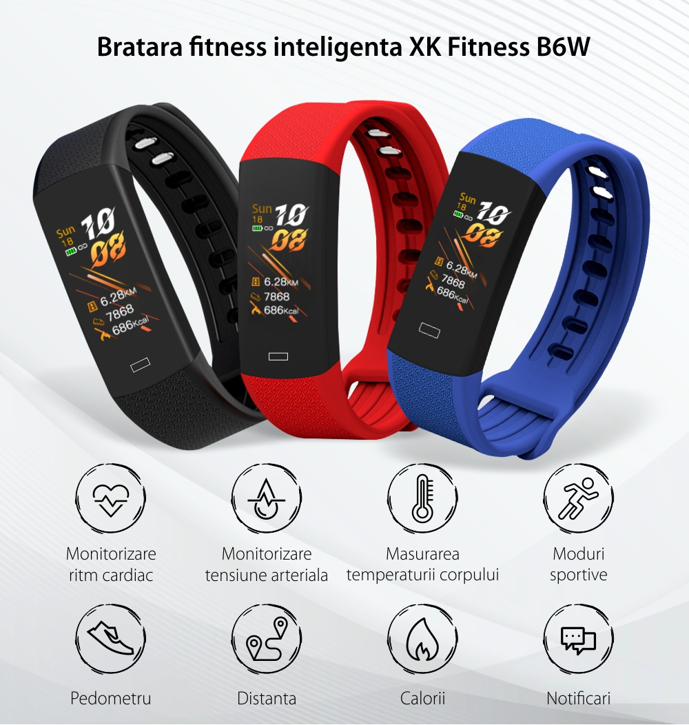 Bratara inteligenta XK Fitness B6W cu Display 0.96 inch, Distanta, Calorii, Functii sanatate, Calitate somn, Rosu