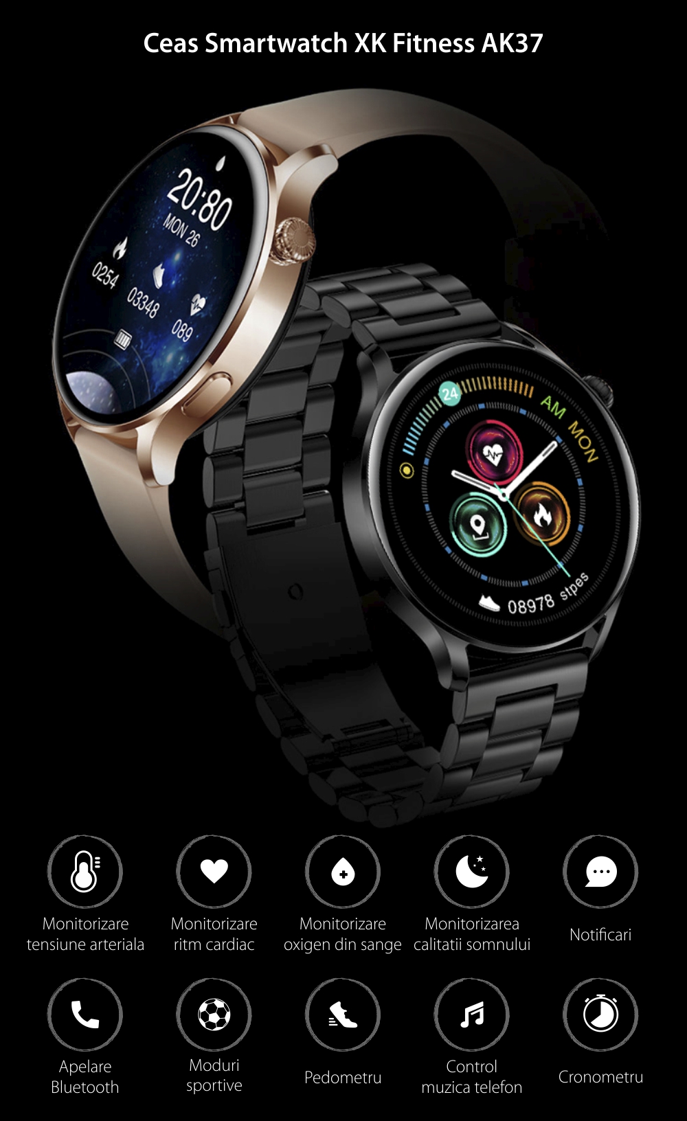 Ceas Smartwatch XK Fitness AK37 cu Functii monitorizare sanatate, Notificari, Bluetooth, Cronometru, Bratara otel, Negru