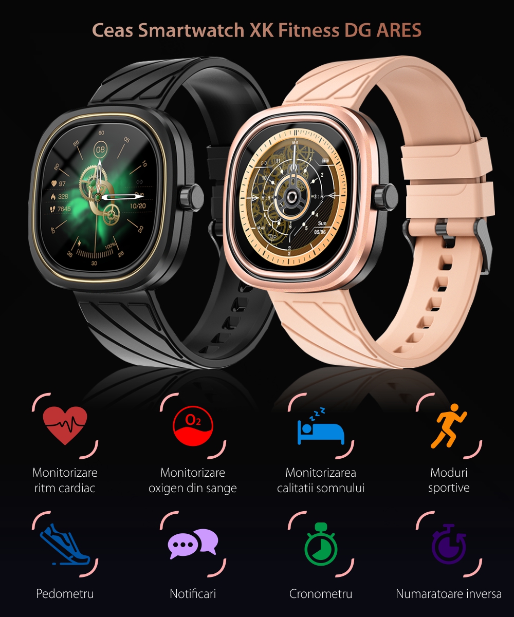 Ceas Smartwatch XK Fitness DG ARES cu Moduri sportive, Functii sanatate, Calorii, Distanta, Notificari, Roz