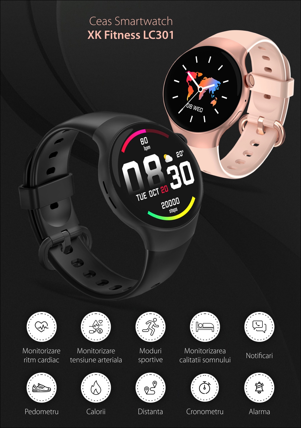 Ceas Smartwatch XK Fitness LC301 cu Monitorizare oxigen, Tensiune arteriala, Puls, Somn, Calorii, Pedometru, Mod exercitii, Alarma, Negru