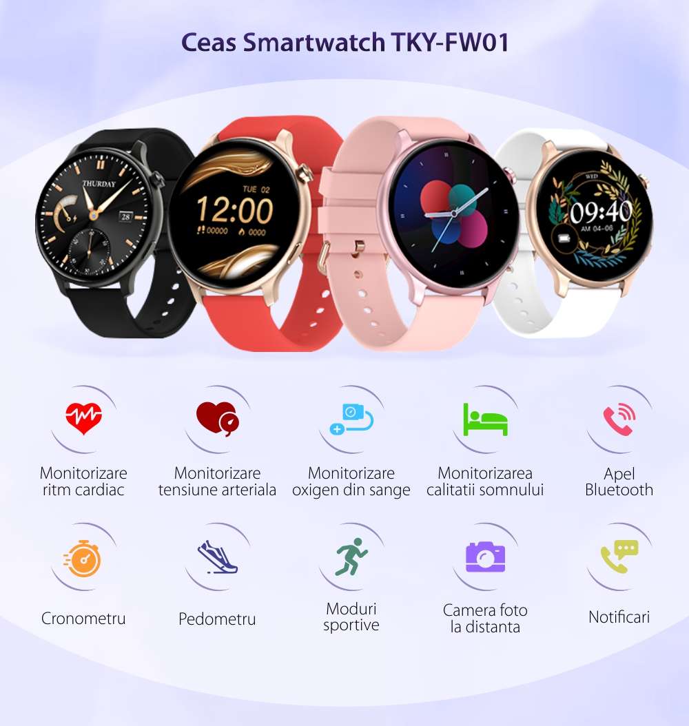 Ceas Smartwatch Twinkler TKY-FW01 cu Moduri sportive, Functii sanatate, Calorii, Bluetooth, Distanta, Bratara metalica, Roz