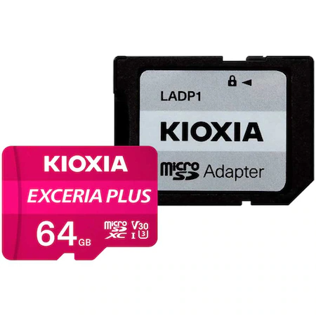 Card de Memorie MicroSD Kioxia Exceria Plus, 64GB,UHS I U3+ adaptor, LMPL1M064GG2 64GBUHS imagine noua tecomm.ro