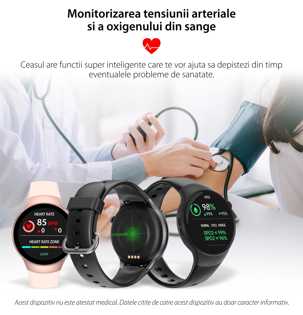 Ceas Smartwatch XK Fitness LC301 cu Monitorizare oxigen, Tensiune arteriala, Puls, Somn, Calorii, Pedometru, Mod exercitii, Alarma, Roz