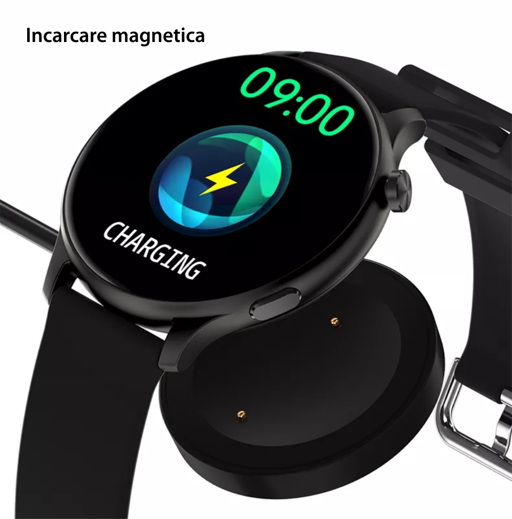 Ceas Smartwatch Twinkler TKY-FW01 cu Moduri sportive, Functii sanatate, Calorii, Bluetooth, Distanta, Bratara metalica, Negru