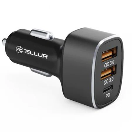 Incarcator Auto Tellur FCC9, 56W, 9A (2xQC3.0 + PD20W), Iluminare Led, Negru (2xQC3.0 imagine noua idaho.ro