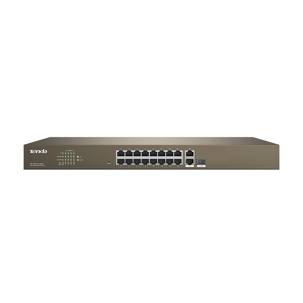 Switch tenda tef1218p-16-250w, 16 x 10/100mbps poe + 2 gigabit/sfp, store-and-forward, gri