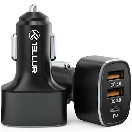 Incarcator Auto Tellur FCC9, 56W, 9A (2xQC3.0 + PD20W), Iluminare Led, Negru - 1 | YEO