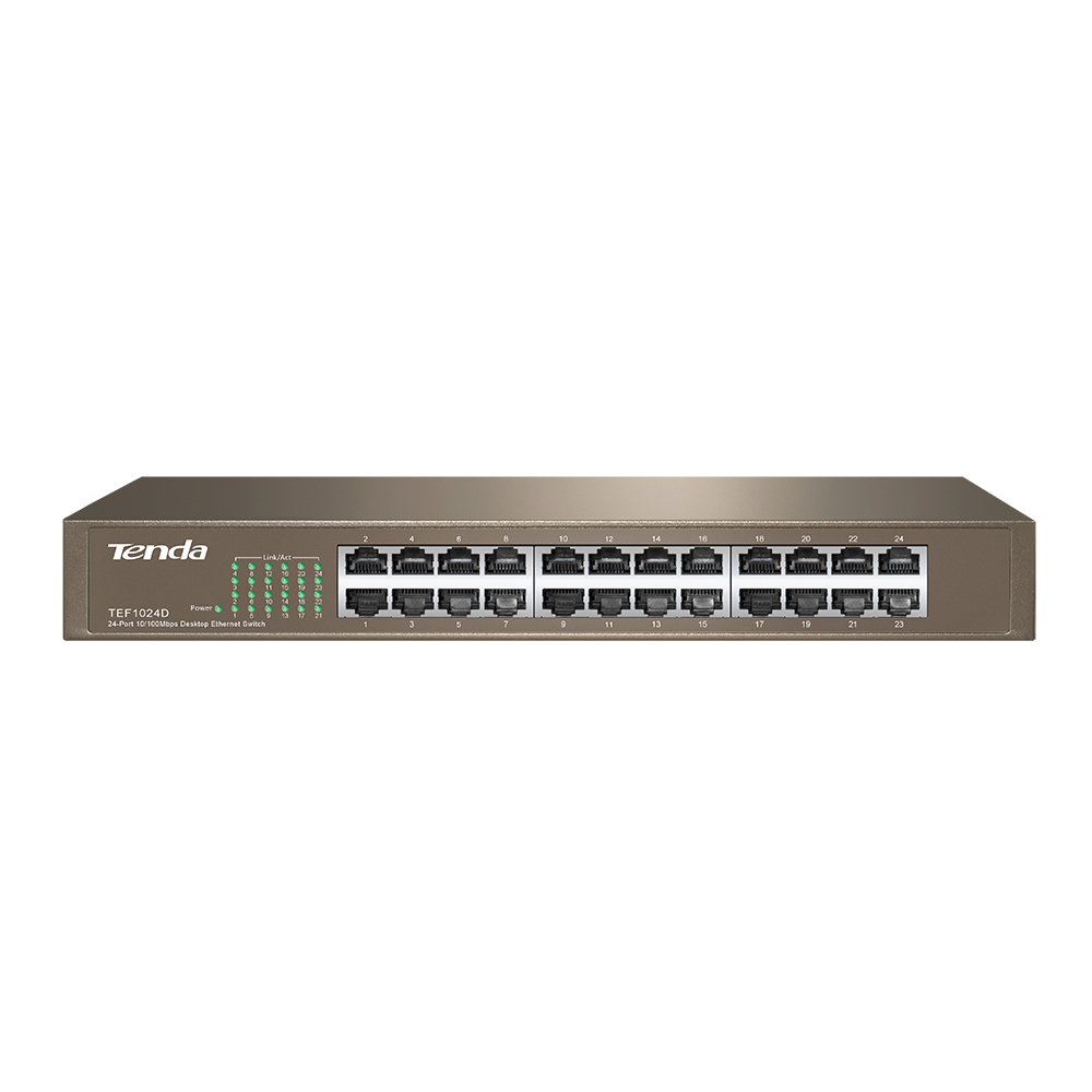 Switch Tenda TEF1024D, 24Porturi 10/100Mbps, Alimentare 100 – 240 V / 50 – 60Hz, Store&Forward, Negru 10/100Mbps
