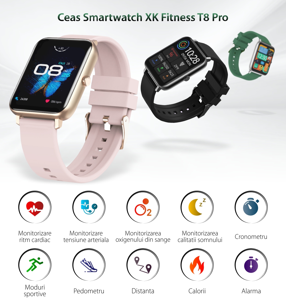 Ceas Smartwatch T8 Pro XK Fitness cu Moduri fitness, Functii sanatate, Calorii, Cronometru, Notificari, Distanta, Bratara silicon, Negru
