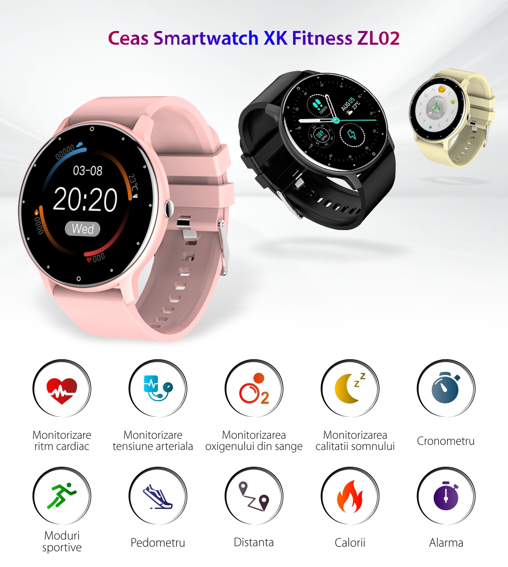 Ceas Smartwatch XK Fitness ZL02 cu Functii monitorizare sanatate, Moduri sportive, Exercitii, Notificari, Cronometru, Galben