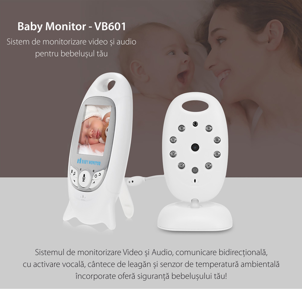 Baby Monitor Wireless VB601, Monitorizare Audio – Video, Monitorizare temperatura, Comunicare bidirectionala, Cantece de leagan, Night Vision, Baterie incorporata