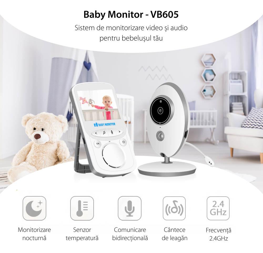 Baby Monitor Wireless VB605, Monitorizare Audio – Video, Monitorizare temperatura, Comunicare bidirectionala, Cantece de leagan, Night Vision, Baterie incorporata