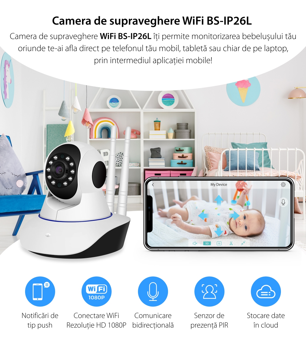 Baby Monitor Wireless BS-IP22L (BS-IP26L), Monitorizare Audio – Video, Comunicare bidirectionala, Night Vision, Senzor de miscare, Camera rotativa, Alarma, Control de pe telefonul mobil