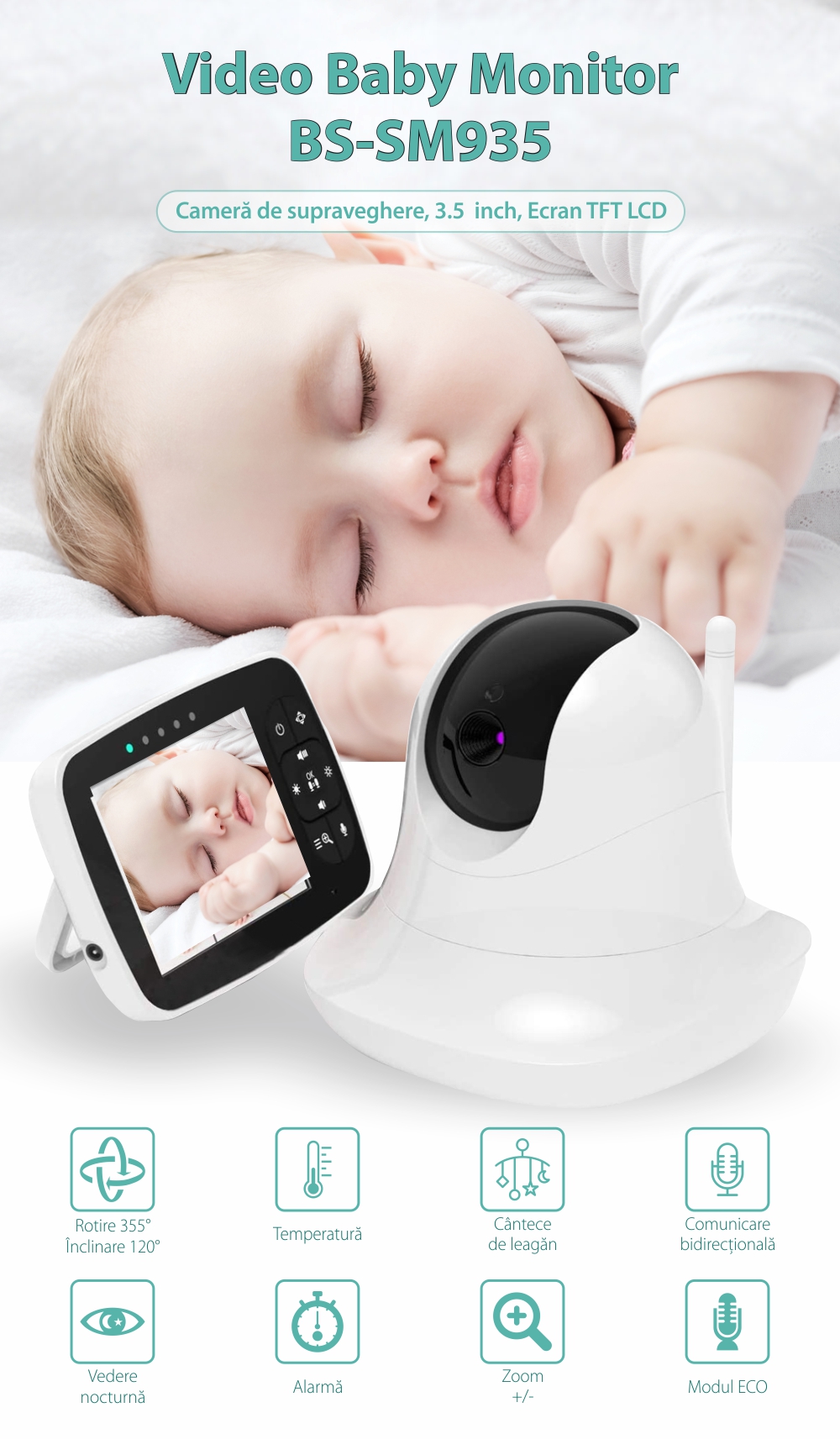 Video Baby Monitor, BS-SM935, Camera de supraveghere 3.5 inch, Wireless, Vedere nocturna, Monitorizare temperatura