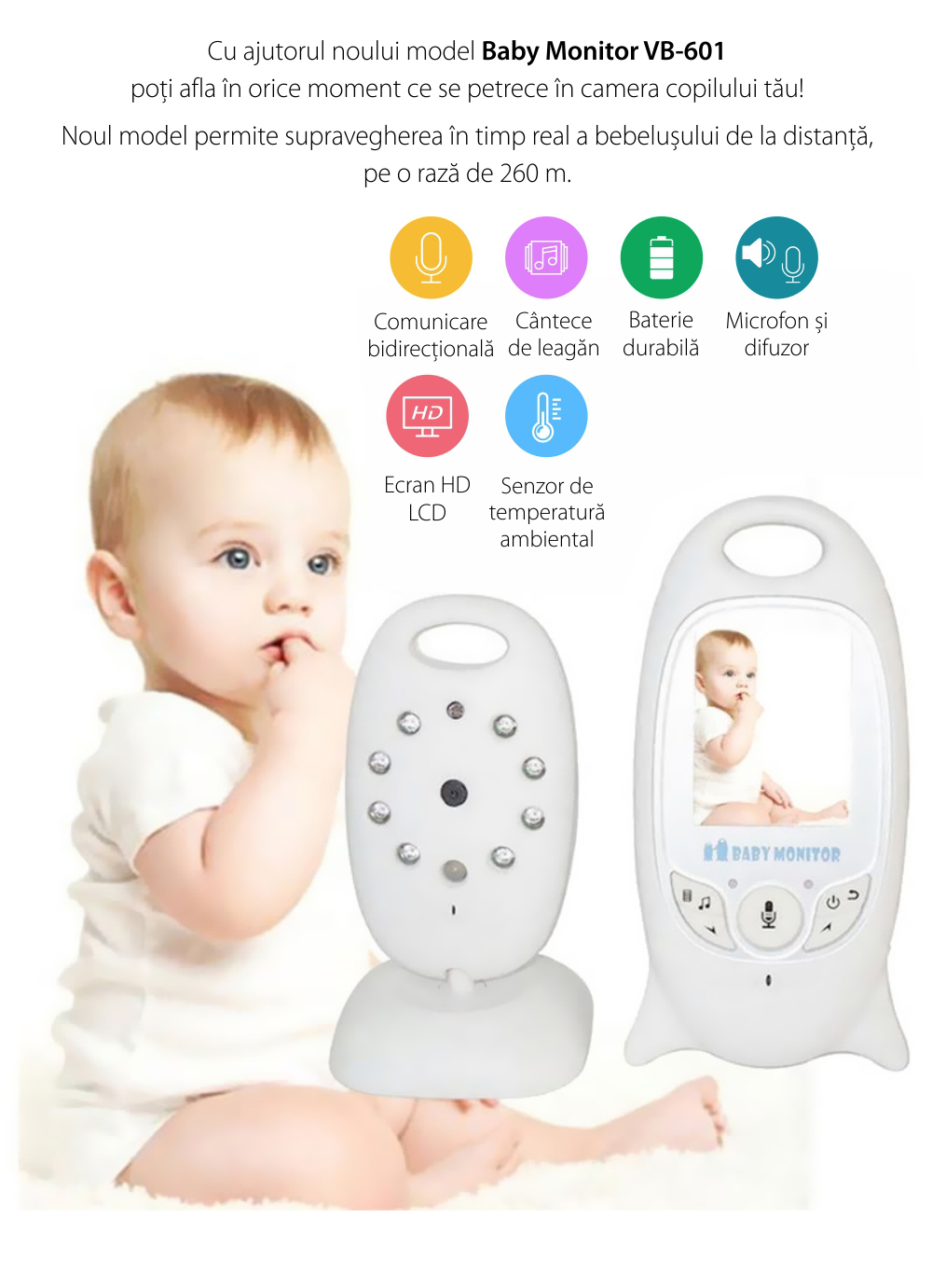 Baby Monitor Wireless VB601, Monitorizare Audio – Video, Monitorizare temperatura, Comunicare bidirectionala, Cantece de leagan, Night Vision, Baterie incorporata