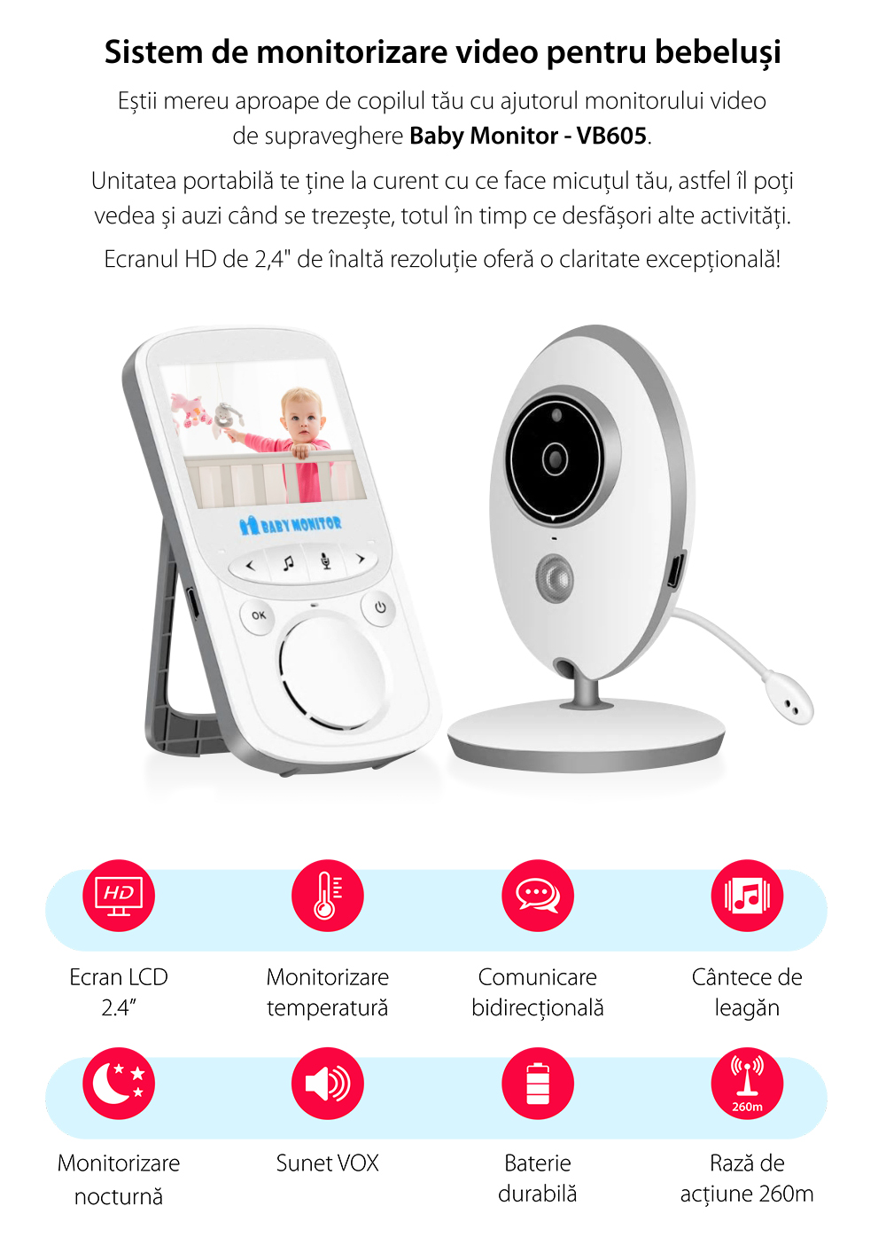 Baby Monitor Wireless VB605, Monitorizare Audio – Video, Monitorizare temperatura, Comunicare bidirectionala, Cantece de leagan, Night Vision, Baterie incorporata