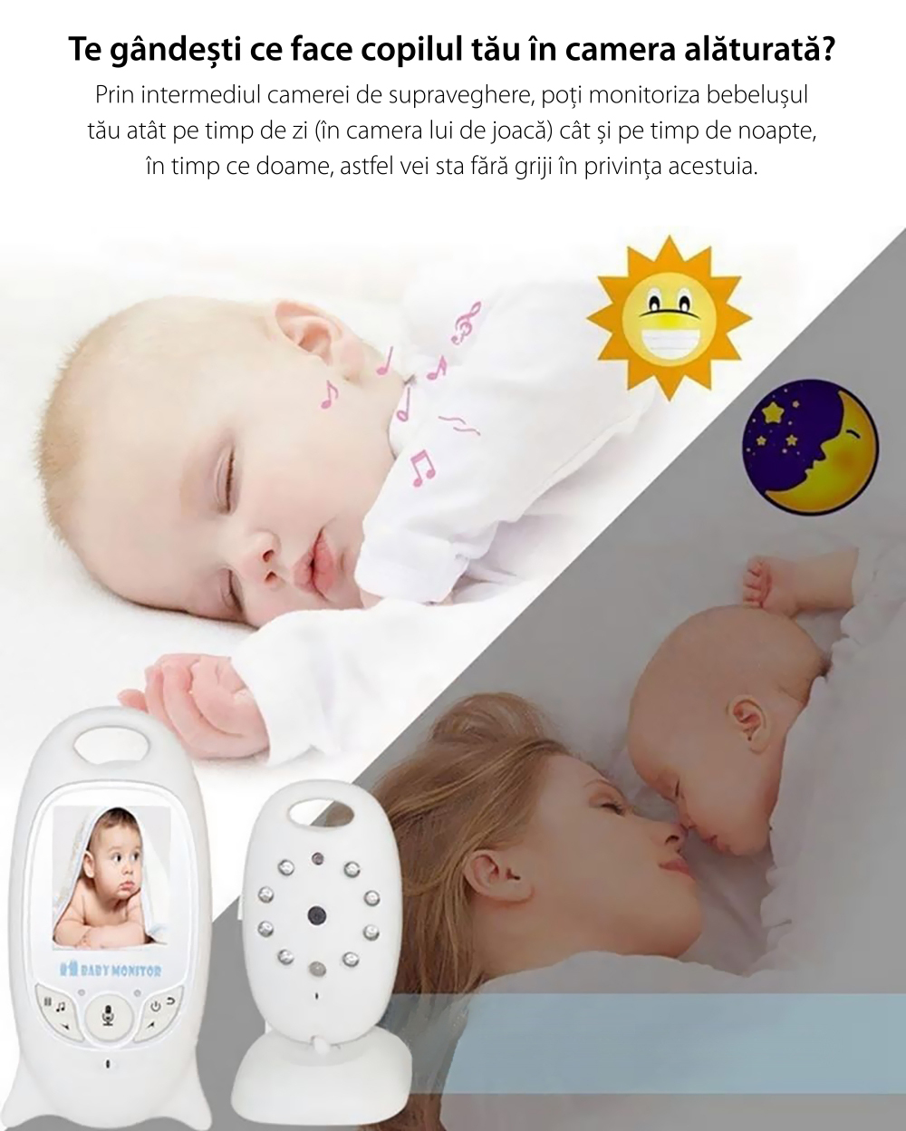 Baby Monitor Wireless VB601, Monitorizare Audio – Video, Monitorizare temperatura, Comunicare bidirectionala, Cantece de leagan, Night Vision, Baterie incorporata