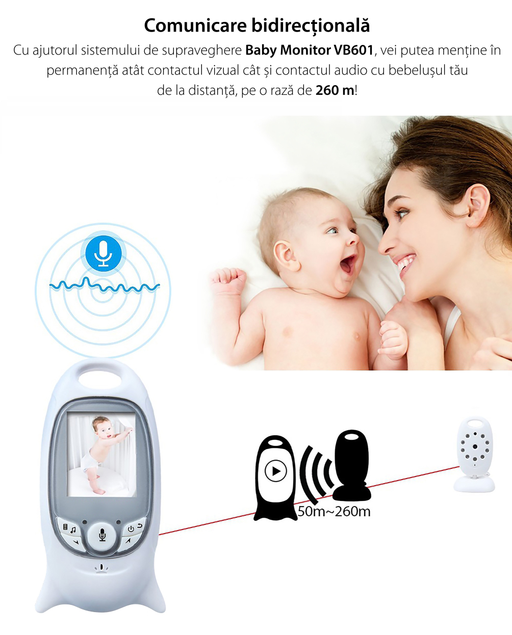 Baby Monitor Wireless VB601, Monitorizare Audio – Video, Monitorizare temperatura, Comunicare bidirectionala, Cantece de leagan, Night Vision, Baterie incorporata