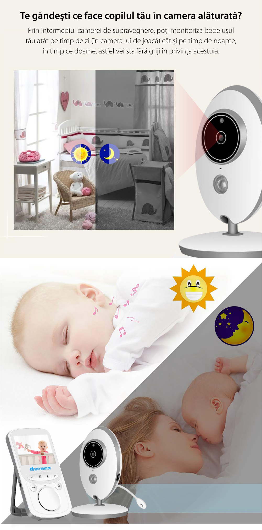 Baby Monitor Wireless VB605, Monitorizare Audio – Video, Monitorizare temperatura, Comunicare bidirectionala, Cantece de leagan, Night Vision, Baterie incorporata