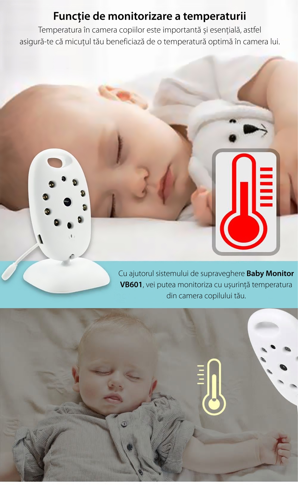 Baby Monitor Wireless VB601, Monitorizare Audio – Video, Monitorizare temperatura, Comunicare bidirectionala, Cantece de leagan, Night Vision, Baterie incorporata