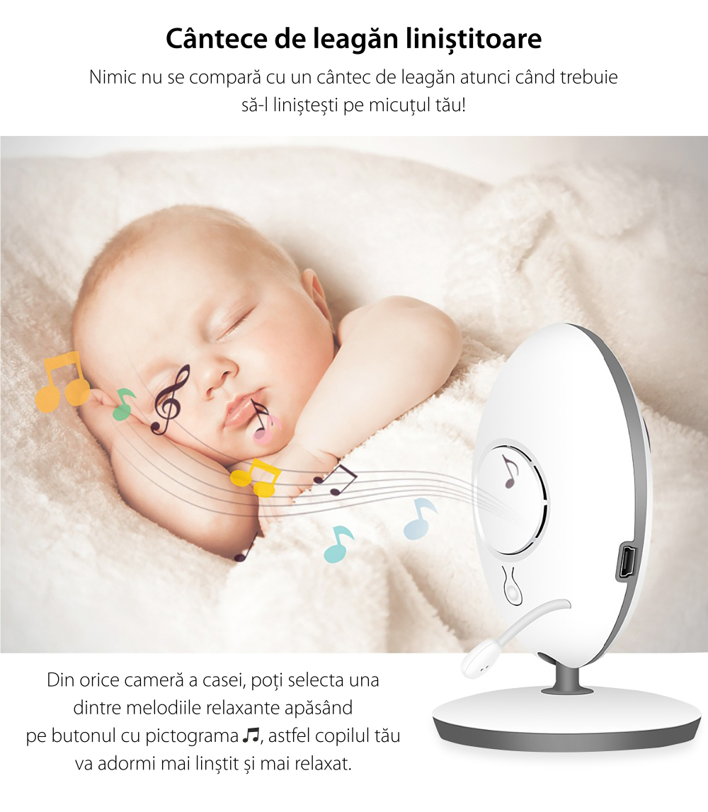 Baby Monitor Wireless VB605, Monitorizare Audio – Video, Monitorizare temperatura, Comunicare bidirectionala, Cantece de leagan, Night Vision, Baterie incorporata