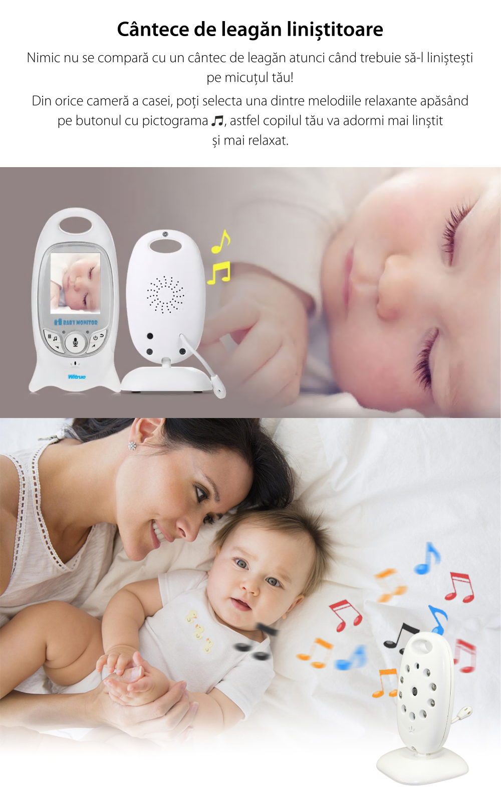 Baby Monitor Wireless VB601, Monitorizare Audio – Video, Monitorizare temperatura, Comunicare bidirectionala, Cantece de leagan, Night Vision, Baterie incorporata