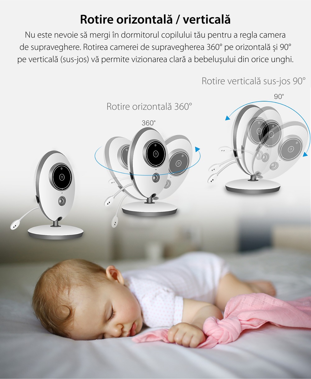 Baby Monitor Wireless VB605, Monitorizare Audio – Video, Monitorizare temperatura, Comunicare bidirectionala, Cantece de leagan, Night Vision, Baterie incorporata