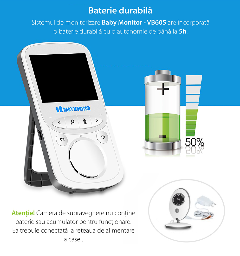 Baby Monitor Wireless VB605, Monitorizare Audio – Video, Monitorizare temperatura, Comunicare bidirectionala, Cantece de leagan, Night Vision, Baterie incorporata