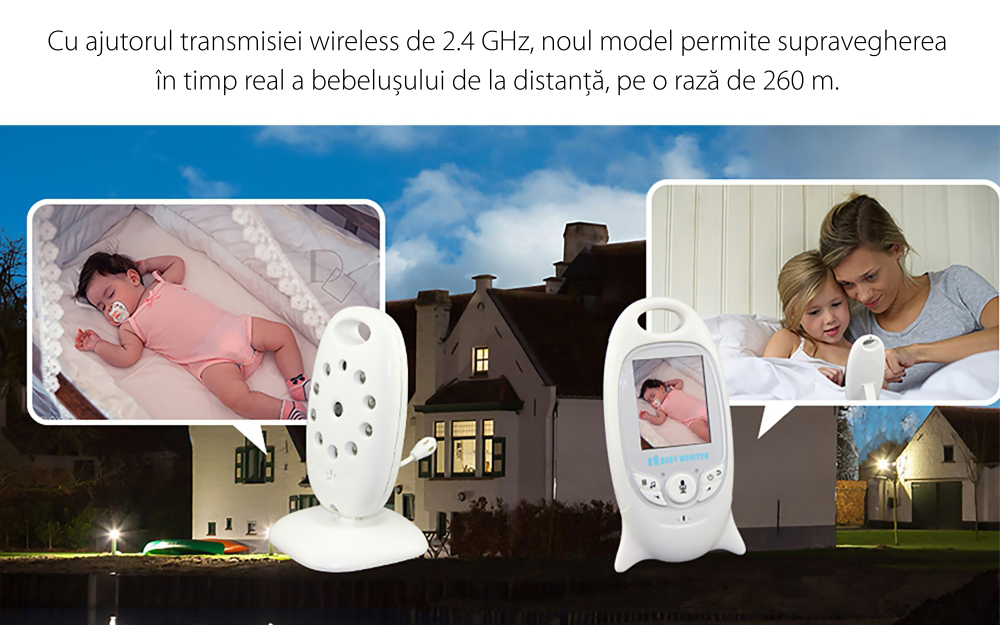 Baby Monitor Wireless VB601, Monitorizare Audio – Video, Monitorizare temperatura, Comunicare bidirectionala, Cantece de leagan, Night Vision, Baterie incorporata