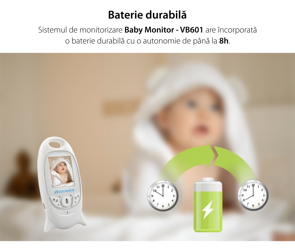 Baby Monitor Wireless VB601, Monitorizare Audio – Video, Monitorizare temperatura, Comunicare bidirectionala, Cantece de leagan, Night Vision, Baterie incorporata