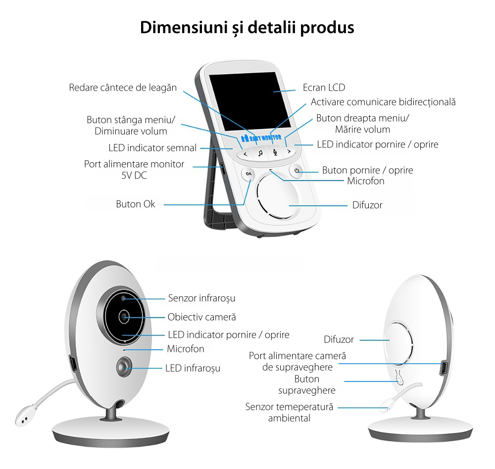 Baby Monitor Wireless VB605, Monitorizare Audio – Video, Monitorizare temperatura, Comunicare bidirectionala, Cantece de leagan, Night Vision, Baterie incorporata