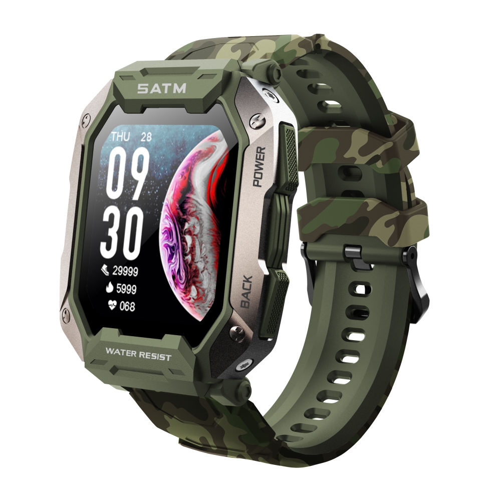 Ceas smartwatch twinkler tky-c20 cu monitorizare ritm cardiac, tensiune arteriala, moduri sportive, calorii, pedometru, verde camuflaj